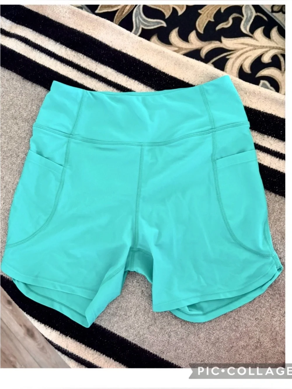 NWT Santiny High Waisted Swim Shorts Aqua Teal Pockets UPF 50+ Size S